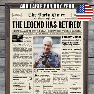 Photographer Retirement Gift for Men or Women, Personalized Newspaper, Retirement Party Decorations, Newspaper Poster, Career Began in 1990