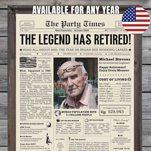 Engineer Retirement Gift for Men or Women, Personalized Newspaper, Retirement Party Decorations, Newspaper Poster, Career Began in 1990