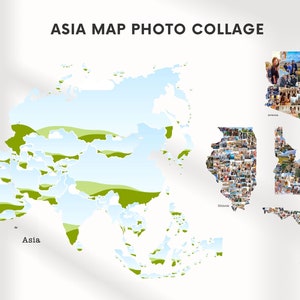 May include: A photo collage featuring a map of Asia with a green and blue color scheme. The text "ASIA MAP PHOTO COLLAGE" is at the top. Additional collages of Arizona, Illinois, Idaho, and Florida are also included.