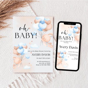 Modelo de convite editável para chá de bebê de coelho, convite com balão de urso marrom, convite para chá de bebê com balão de coelho, modelo Canva 4