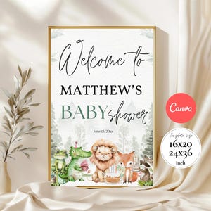 Panneau de bienvenue modifiable pour baby shower animaux des bois, affiche de baby shower, forêt aquarelle, décor de baby shower bohème Canva BSW150