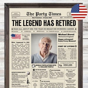 Personalized Retirement Gift for Men or Women, Retirement Party Decorations, Personalized Newspaper, Newspaper Poster, Career Began in 1991