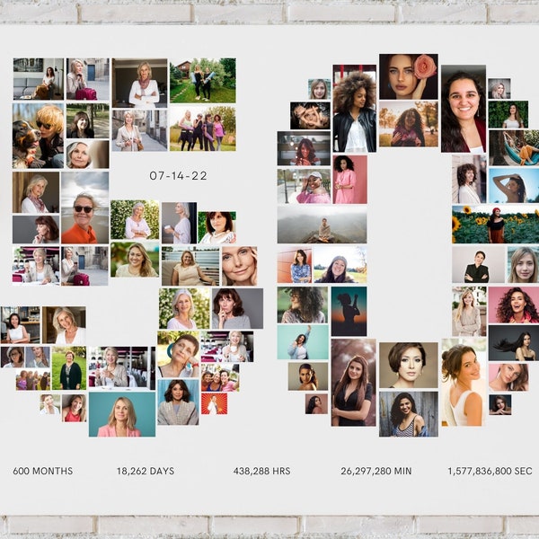 BEWERKBARE gepersonaliseerde fotocollage, 50 jaar perfect voor verjaardags- en jubileumcadeaus, Canva-sjabloon, DIGITAAL