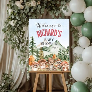 Placa de boas-vindas para chá de bebê com animais da floresta editáveis, pôster para chá de bebê, aquarela, floresta e montanha, decoração para chá de bebê Canva BSW135