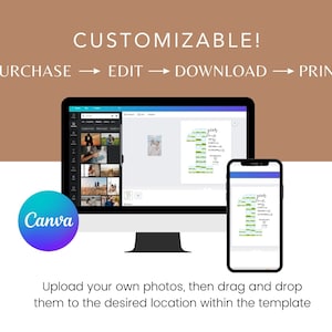 May include: A computer monitor and smartphone displaying a customizable template. The text reads "CUSTOMIZABLE! PURCHASE &rarr; EDIT &rarr; DOWNLOAD &rarr; PRINT". A Canva logo is visible. The text "Upload your own photos, then drag and drop them to the desired location within the template" is also present.