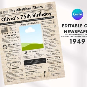 EDITABLE 75th Birthday Vintage Newspaper, Back in 1949, Personalized ...