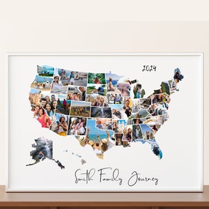 May include: A framed map of the United States, filled with various photographs. The map is white, with the outline of the states filled with colorful images. The text "2024" and "Smith Family Journey" are written on the map in black script.