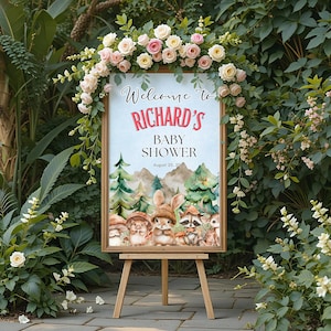 Placa de boas-vindas para chá de bebê com animais da floresta editável, pôster para chá de bebê, aquarela, floresta e montanha, decoração para chá de bebê Canva BSW139
