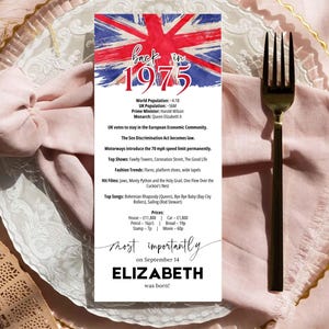イギリス50周年記念バースデーカード、1975年テーブルカード、編集可能なバースデーパーティーデコレーション、1975年当時のニュース、イギリス、デジタルダウンロード、CANVA
