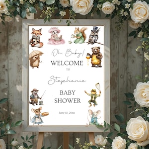 Panneau de bienvenue modifiable pour baby shower animaux des bois Tea Party, affiche de baby shower, décoration de fête aquarelle Woodland bohème, toile BSW189
