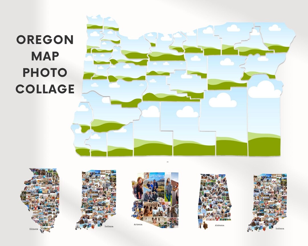 Mapa Collage Collage de fotos de mapas de Oregón personalizado EDITABLE, retrato de ...