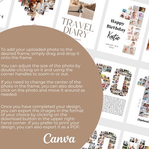May include: A collection of personalized photo prints with various designs, including a heart, a travel diary, and a birthday theme. The prints feature text and instructions for use, with the Canva logo at the bottom.