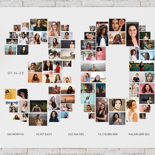 BEWERKBARE gepersonaliseerde fotocollage, 30 jaar perfect voor verjaardags- en jubileumcadeaus, Canva-sjabloon, DIGITAAL