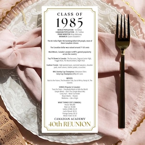 Tarjeta de noticias de la 40.ª reunión de la generación de Canadá, decoración editable para la 30.ª reunión, tarjeta de mesa de la generación de 1985, noticias de 1985, escuela secundaria y universidad