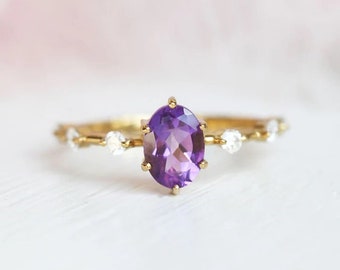 Vintage Rose De France Engagement Ring, Art Deco Ring, 14K Yellow Gold Vermeil Ring, February Birthstone, Amethyst Ring, Propose Ring