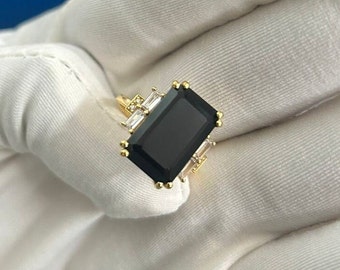 7 Ct. Emerald Cut Black Onyx Engagement Ring , Art Deco Black Onyx Ring, Anniversary Gift, 14K Yellow Gold Vermeil ,Black Diamond Ring