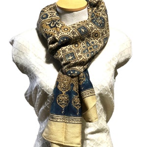Ajrakh Hand Block, Hand Woven wool Fabric, using natural Dyes, by local artisans from India. Stoles, Wrap, Neck Warmer.- Beige/Indigo/Brown.