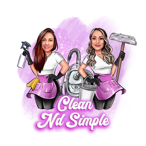 Cleaning Business Logo Portrait,House chores Logo,Portrait of two cleaning women,Maid Service Logo,Office Cleaner Logo,Digital Logo