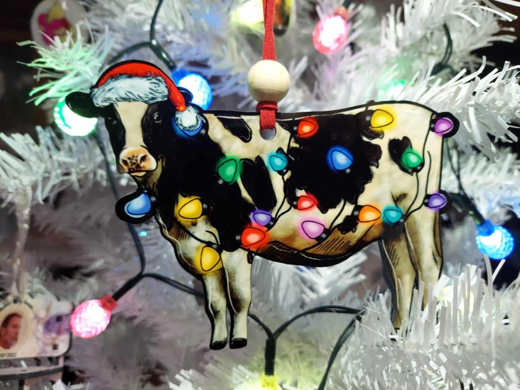 Christmas Lights Cow Ornament Santa Cow Country Christmas Cow Lover