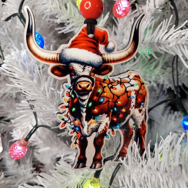 Longhorn Ornament | Santa Cow | Country Christmas | Cow Lover Gift |  Cow with Christmas Lights Ornament | Bull Ornament |Steer Decor