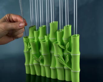 Bamboo Straw Holder | Reusable Glass Straw Organizer | Kitchen Coffee Bar Storage