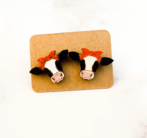 Cow Earrings Cow Stud Earrings Hand Painted Earrings Cow Etsy