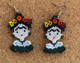 Fridas Kahlo Earrings, Handmade earrings, beaded earrings, Huichol earrings
