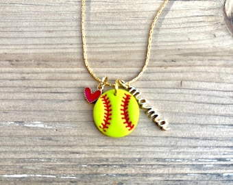 Softball Mama Necklace: Polymer Clay Charm, 18K Gold Plated Chain