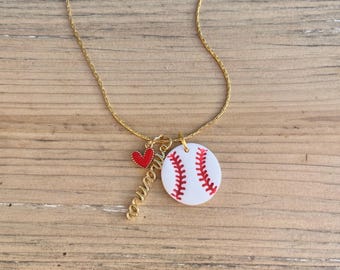 Baseball Mama Necklace: Polymer Clay Charm, 14K Gold Plated Chain