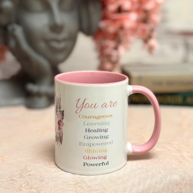 Personalized Affirmation Mug Motivational Drinkware Custom Name Cup Boho Floral Monogram Gift Empowering Words Daily Reminder Gratitude Coffee Mug Inspirational Present Ceramic