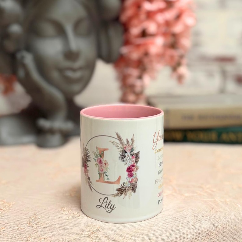 Personalized Affirmation Mug Self Care Gift Motivational Drinkware Custom Name Cup Inspirational Present Ceramic Coffee Boho Floral Monogram Gift Empowering Words Daily Reminder Gratitude