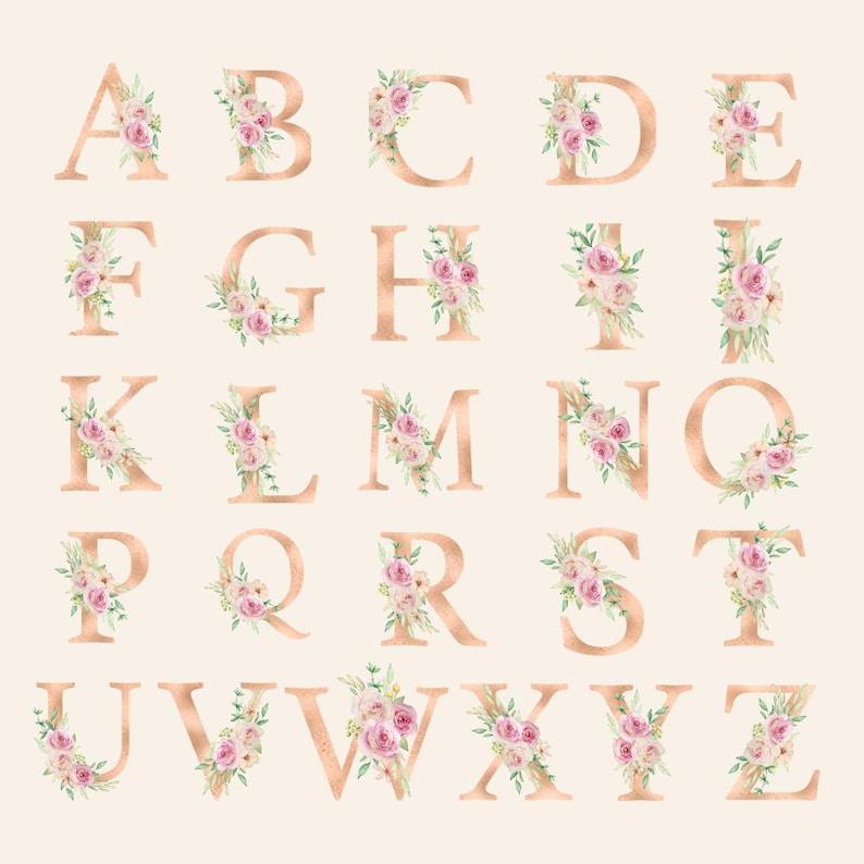 May include: A collection of rose gold alphabet letters, each adorned with a delicate arrangement of pink and white flowers and green leaves. The letters are displayed on a soft, cream-colored background, creating a romantic and elegant aesthetic.