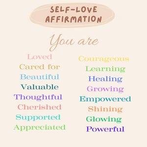 May include: A digital art print with the words "SELF-LOVE AFFIRMATION" at the top. Below, the words "You are" are followed by a list of positive affirmations in various colors, including "Loved," "Courageous," and "Powerful."