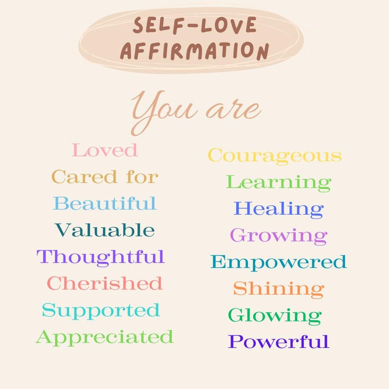 May include: A digital art print with the words "SELF-LOVE AFFIRMATION" at the top. Below, the words "You are" are followed by a list of positive affirmations in various colors, including "Loved," "Courageous," and "Powerful."