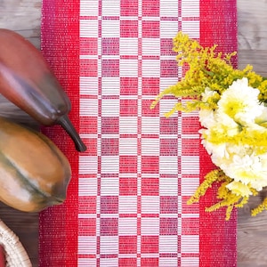 Red table runner / Checkered table cover vintage / Fall decorations / Christmas table runner image 1