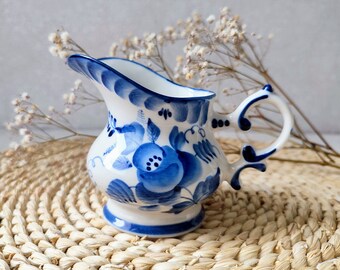 Gzhel porcelain creamer vintage / Blue and white hand-painted small milk pitcher  / Soviet kitchen decor