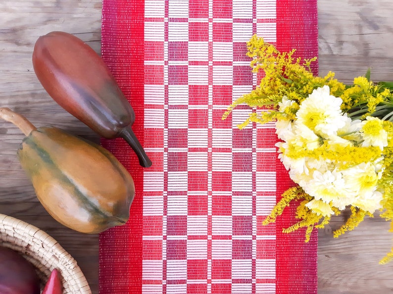 Red table runner / Checkered table cover vintage / Fall decorations / Christmas table runner image 1