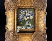 Miniature Oil Painting Flowers With Italian Gold Gilded Hand Made Wooden Frame