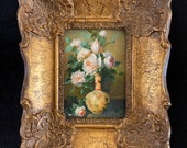 Miniature Oil Painting Flowers With Italian Gold Gilded Hand Made Wooden Frame