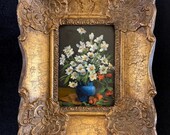 Miniature Oil Painting Flowers With Italian Gold Gilded Hand Made Wooden Frame