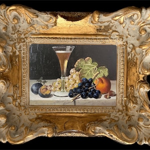 Nouvelle peinture à l'huile originale sur toile Champagne et fruits avec cadre en bois fait main, signée et répertoriée par l'artiste