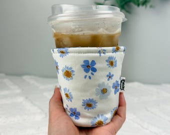 Blue Daisy Cup Cozy | Reusable Floral Coffee Sleeve | Handmade Cottagecore Iced Drink Holder