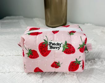 Pink Strawberry Quilted Mini Makeup Bag | Handmade Cosmetic Pouch, Travel Organizer