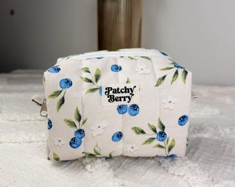 Blueberry Quilted Mini Makeup Bag | Handmade Coquette Cosmetic Pouch | Floral Travel Toiletry Bag