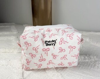 Coquette Bow Mini Makeup Bag | Quilted Cosmetic Pouch | Pink Toiletry Bag