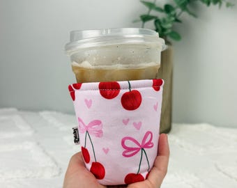 Cherry Bow Cup Cozy | Reusable Coffee Sleeve | Handmade Coquette Iced Drink Holder