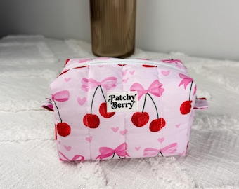 Cherry Quilted Mini Makeup Bag | Pink Bow Cosmetic Pouch |Cottagecore Travel Toiletry Bag