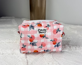 Pink Gingham Peach Mini Makeup Bag | Quilted Cosmetic Pouch |  Travel Toiletry Organizer
