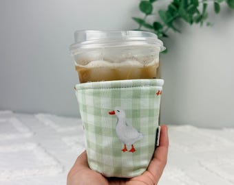 Goose Gingham Cup Cozy | Duck Reusable Coffee Sleeve | Handmade Cottagecore Iced Drink Holder