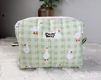 Goose Quilted Makeup Bag | Handmade Gingham Cosmetic Pouch | Duck Toiletry Travel Bag